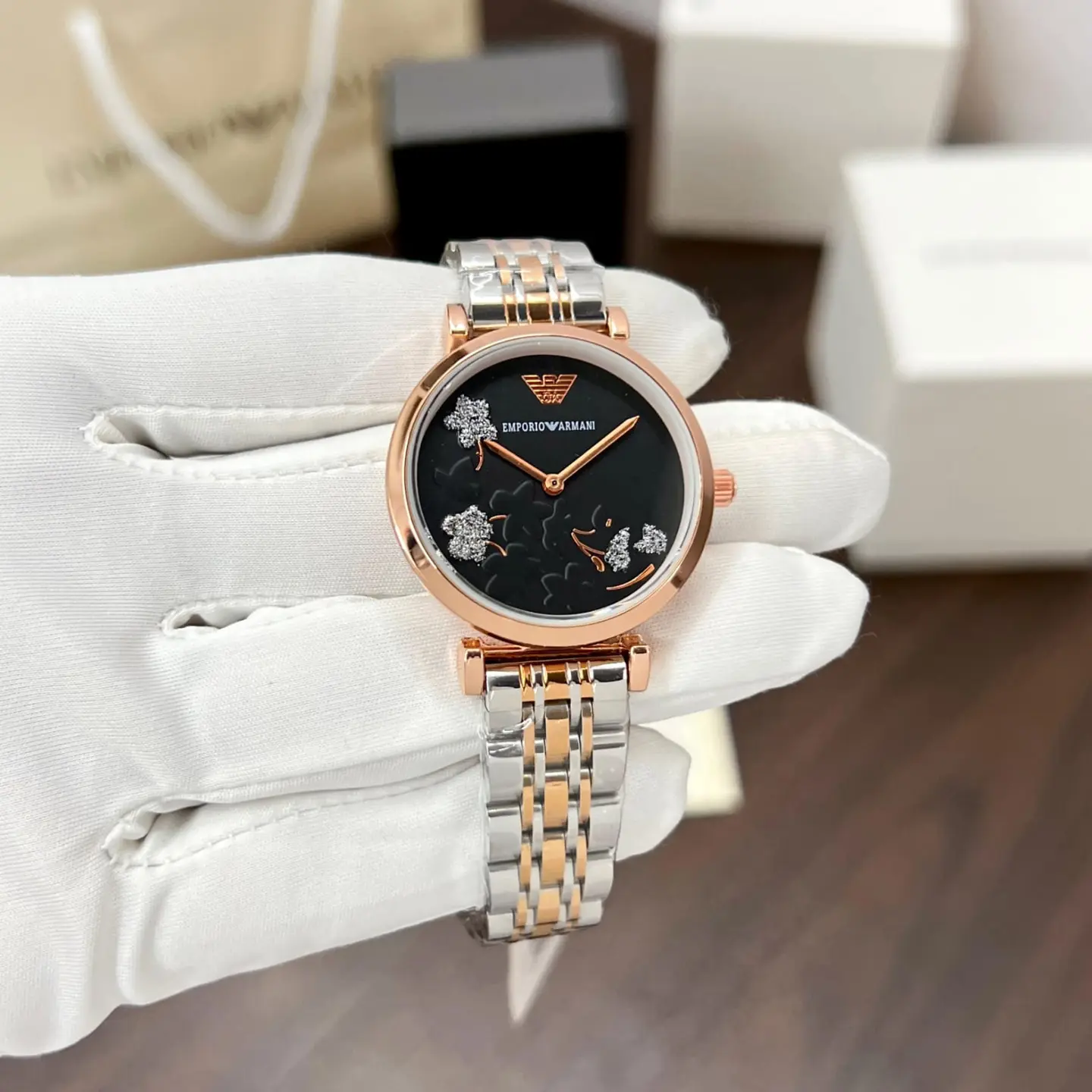 Emporio Armani Gianni T-Bar — black dial, two-tone