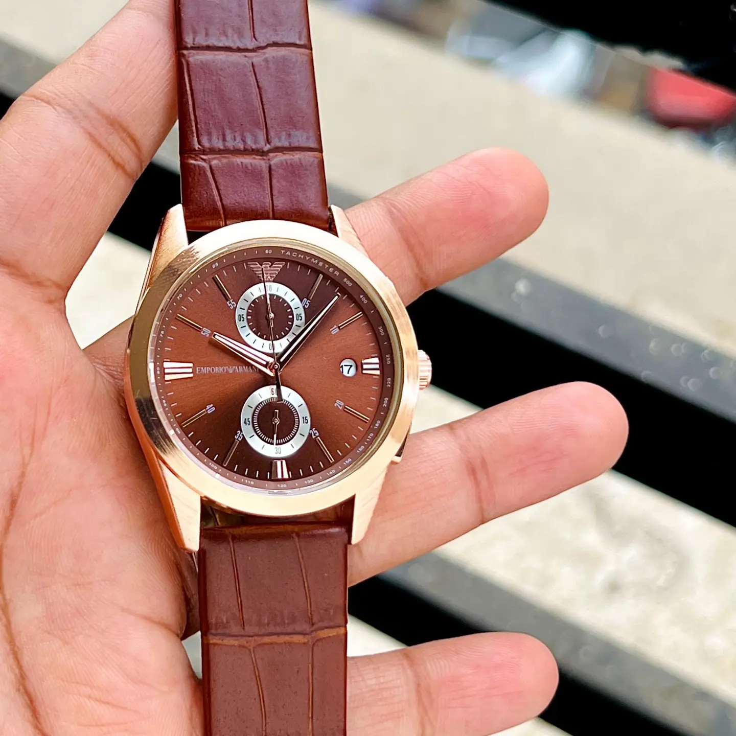 Emporio Armani Chronograph — brown dial, rose gold