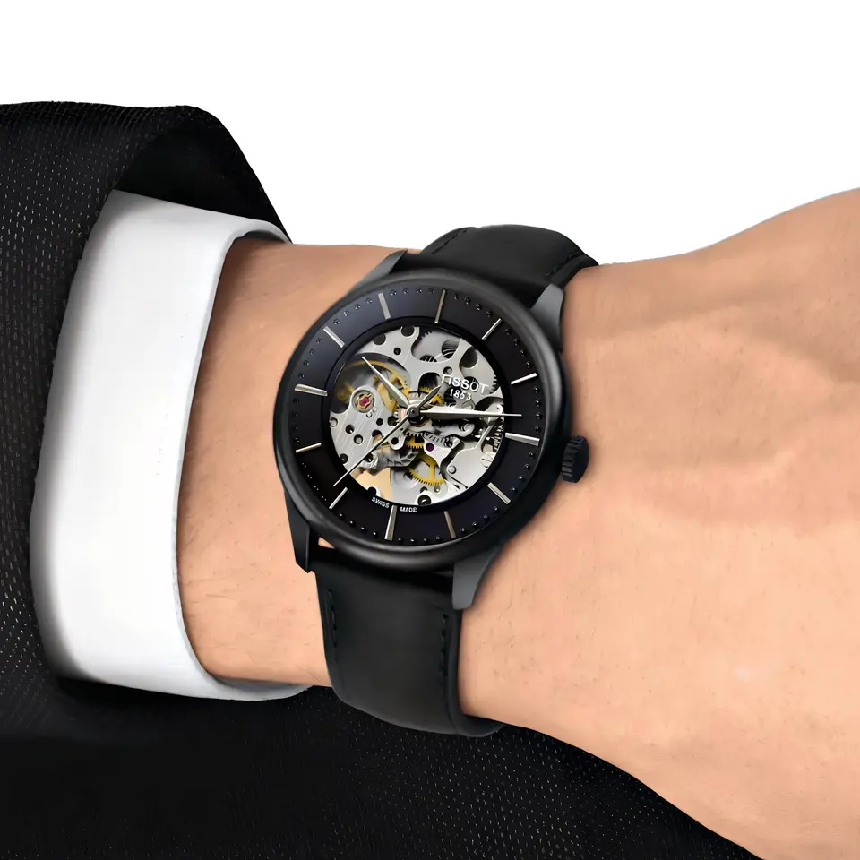 Tissot Skeleton — open-worked dial, black case
