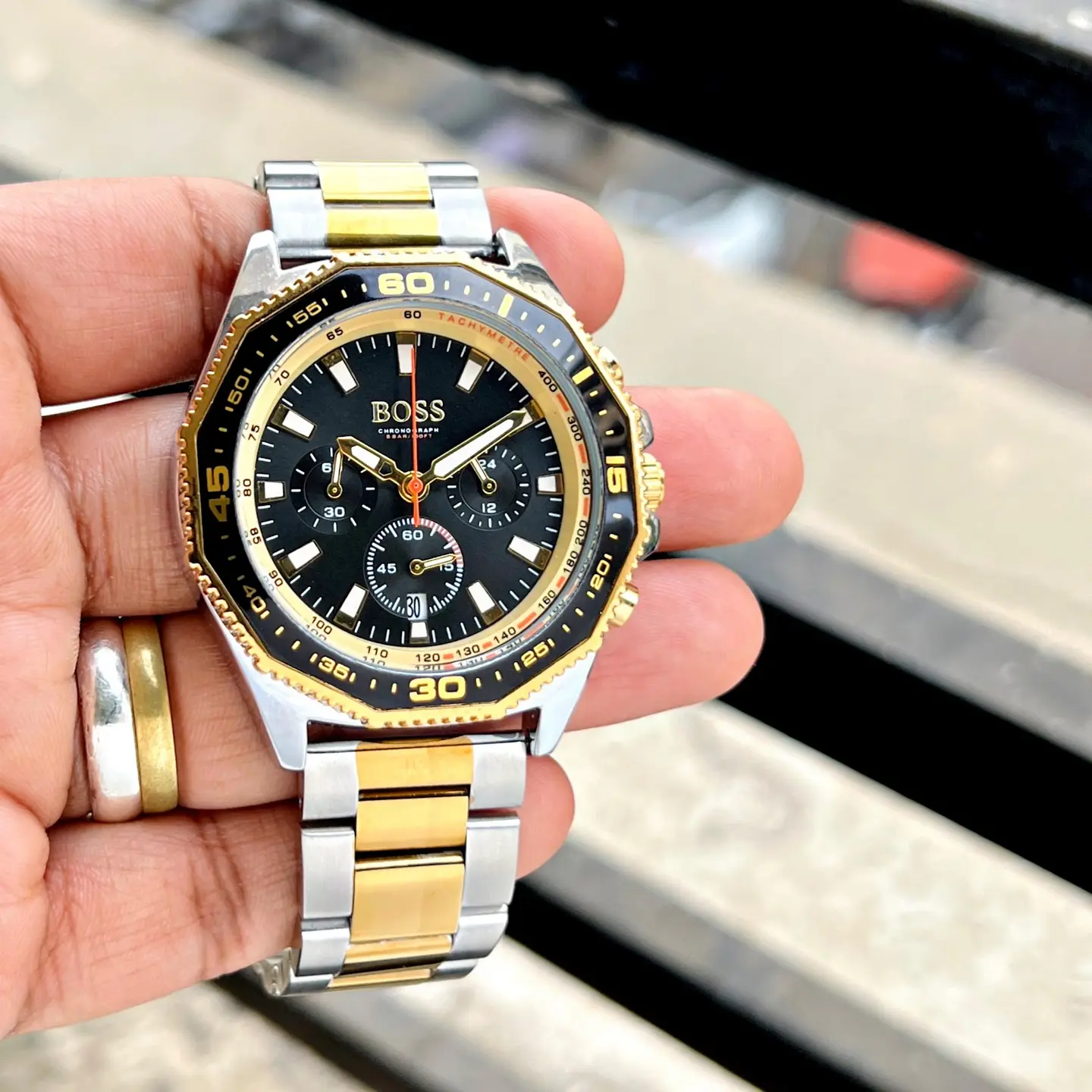 Hugo Boss Chronograph — black dial, two-tone