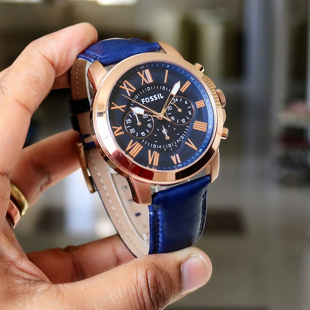 Fossil Grant — blue dial, rose gold