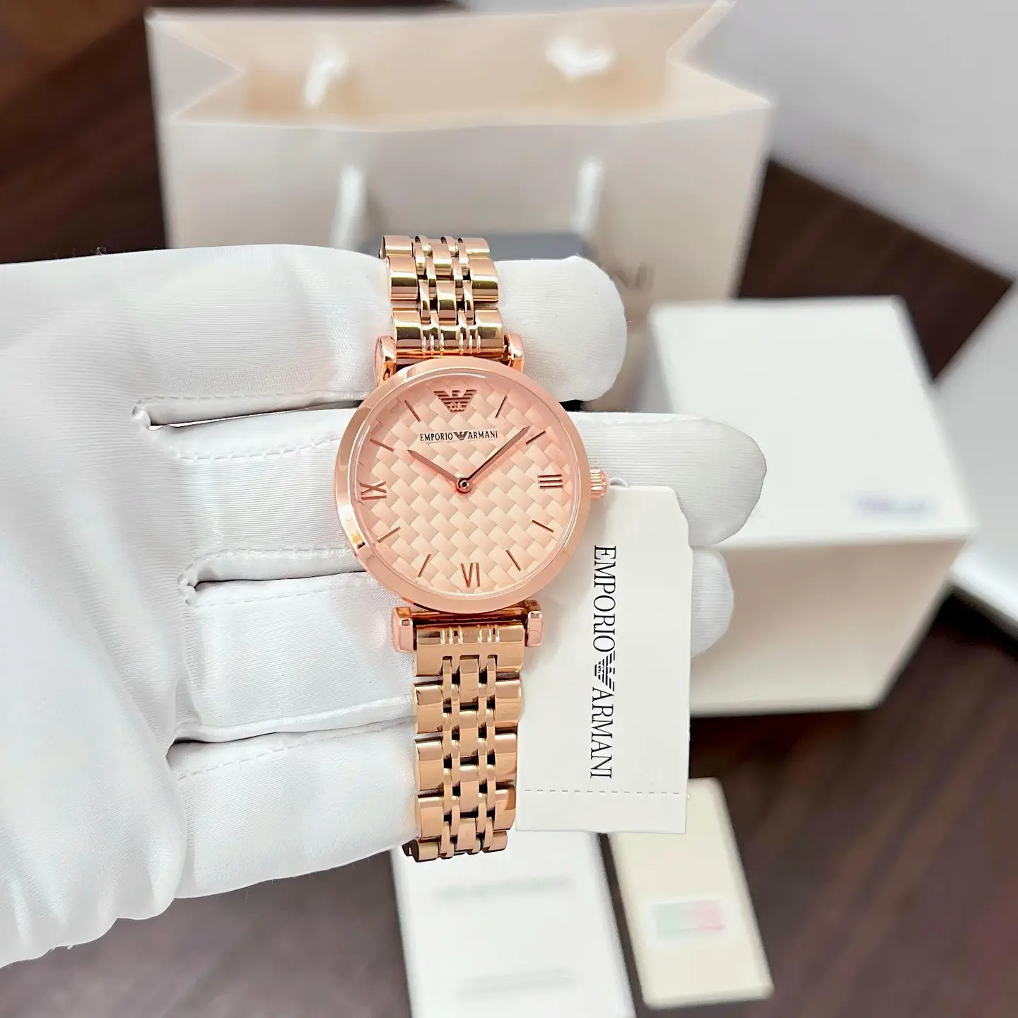 Emporio Armani Gianni T-Bar — pink dial, rose gold
