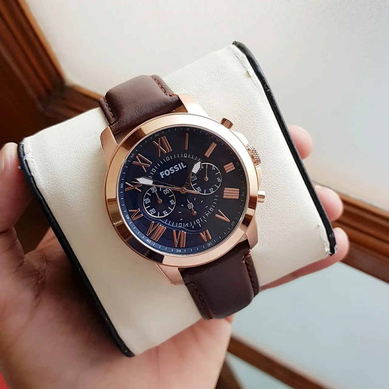 Fossil Grant — blue dial, rose gold
