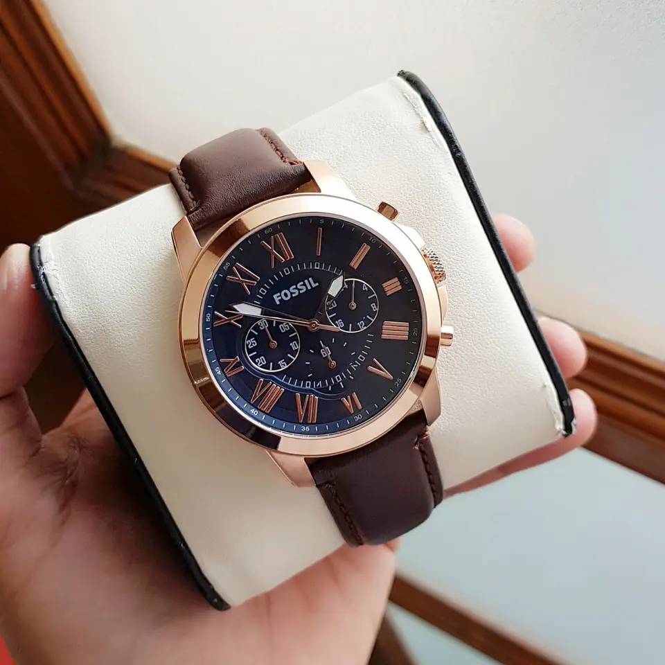 Fossil Grant — blue dial, rose gold