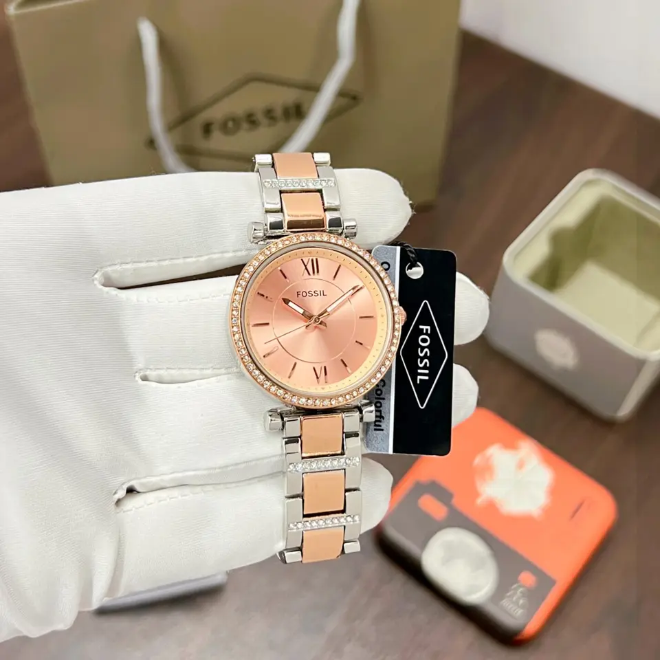 Fossil Carlie — rose dial, two-tone