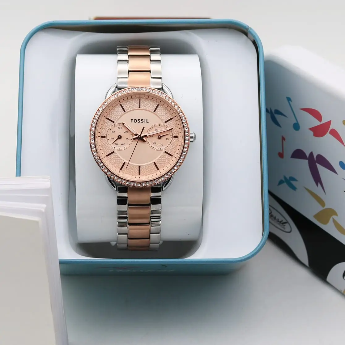 Fossil Tailor — rose dial, two-tone