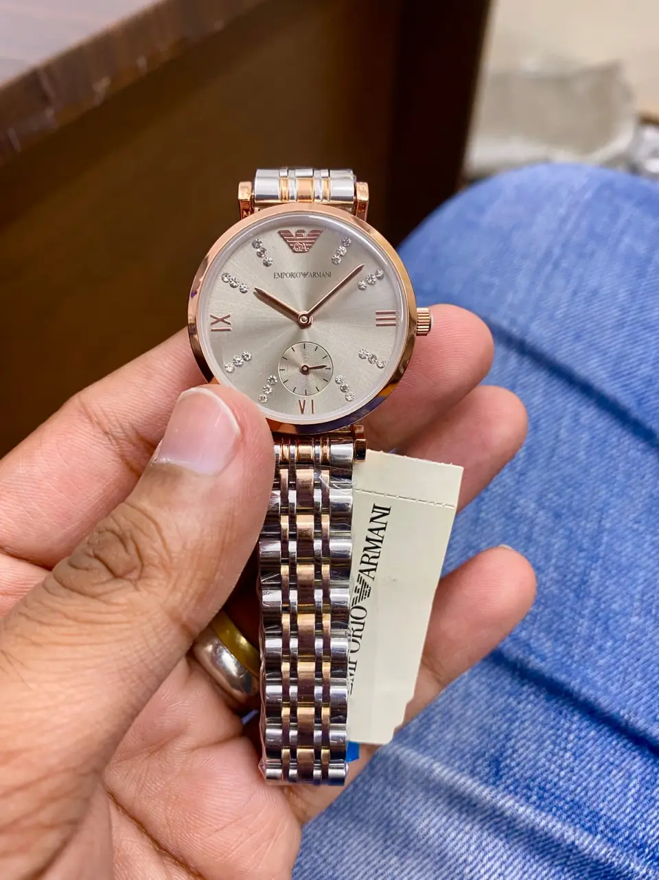Emporio Armani Gianni T-Bar — silver dial, two-tone