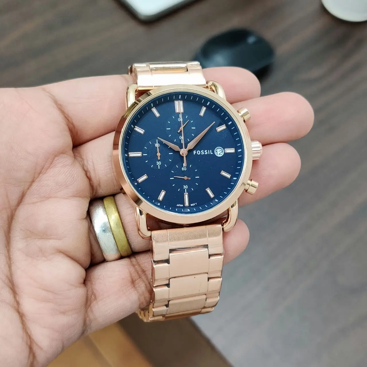 Fossil Commuter — blue dial, rose gold
