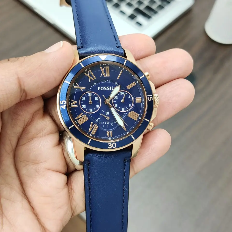 Fossil Grant Sport — blue dial, rose gold