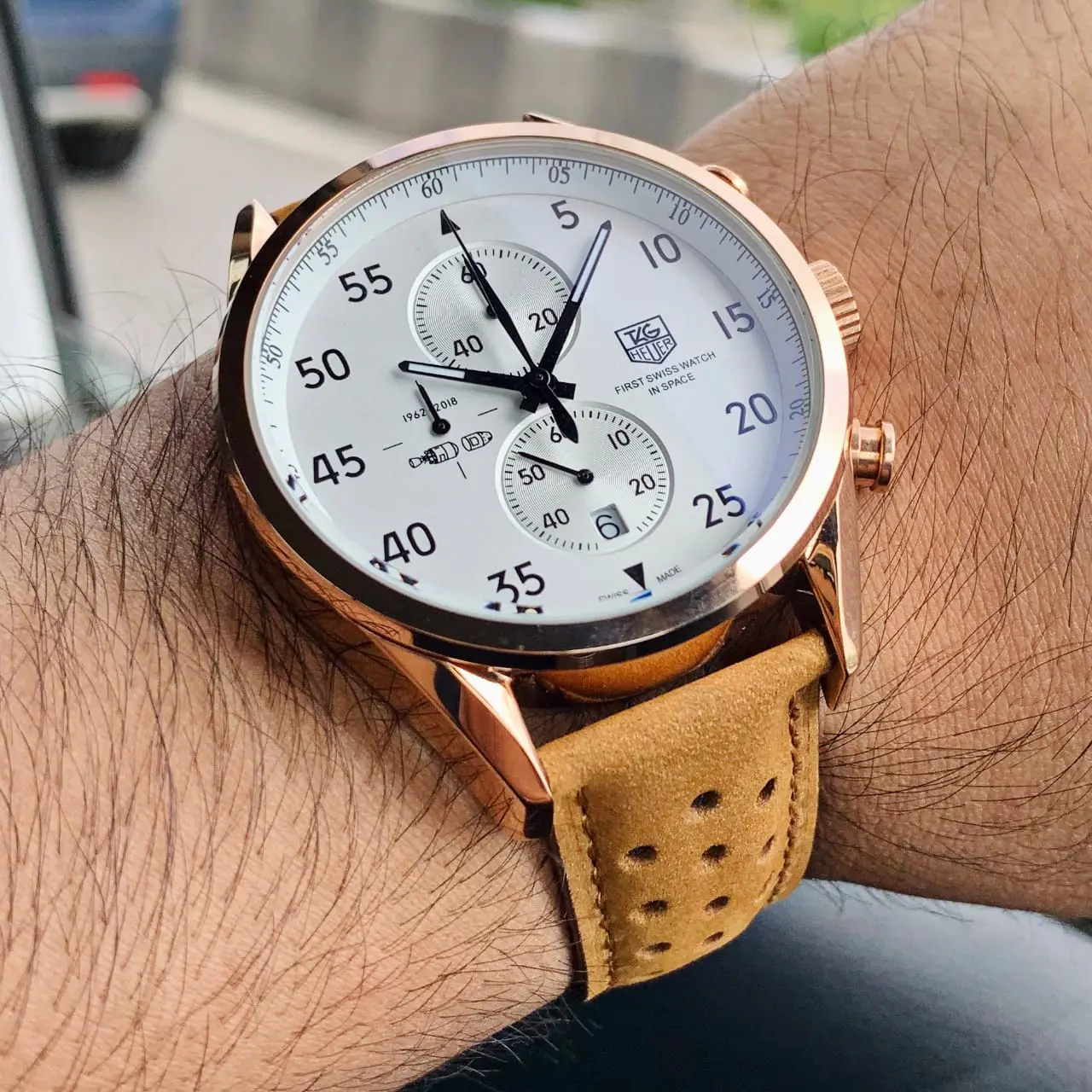TAG Heuer Carrera — white dial, rose gold