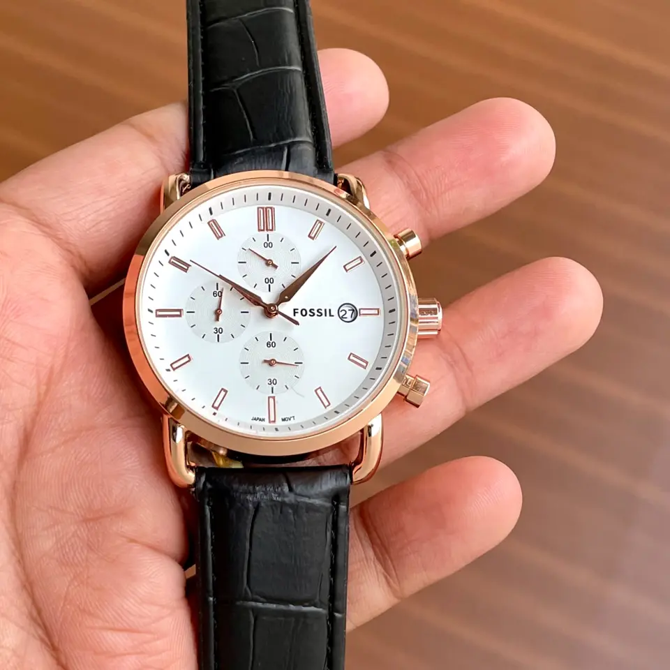 Fossil Chronograph — white dial, rose gold