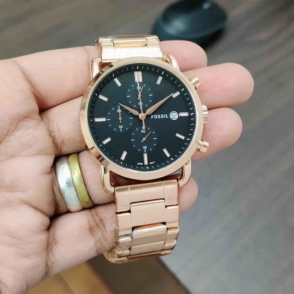 Fossil Commuter — black dial, rose gold