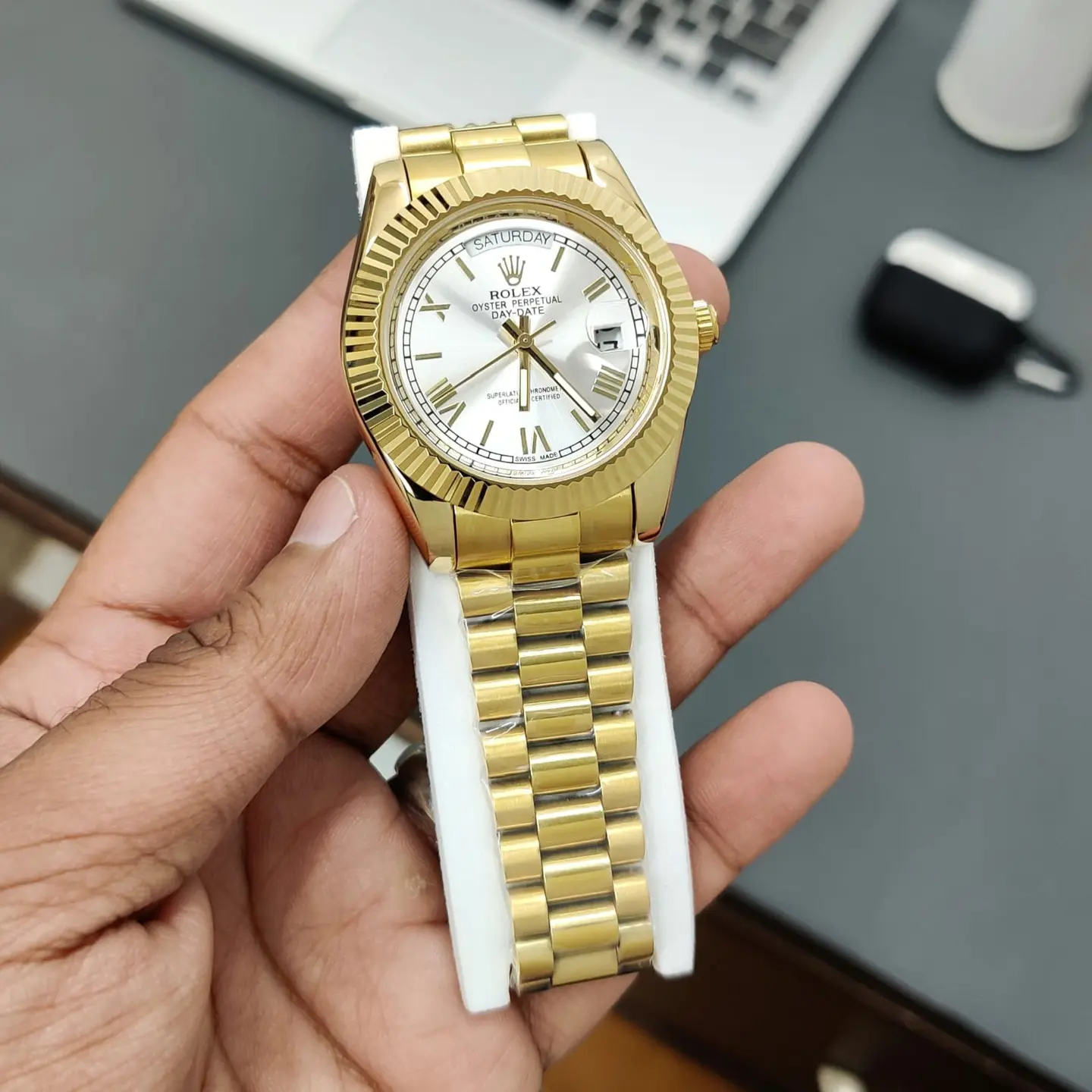 Rolex Day-Date — silver dial, gold