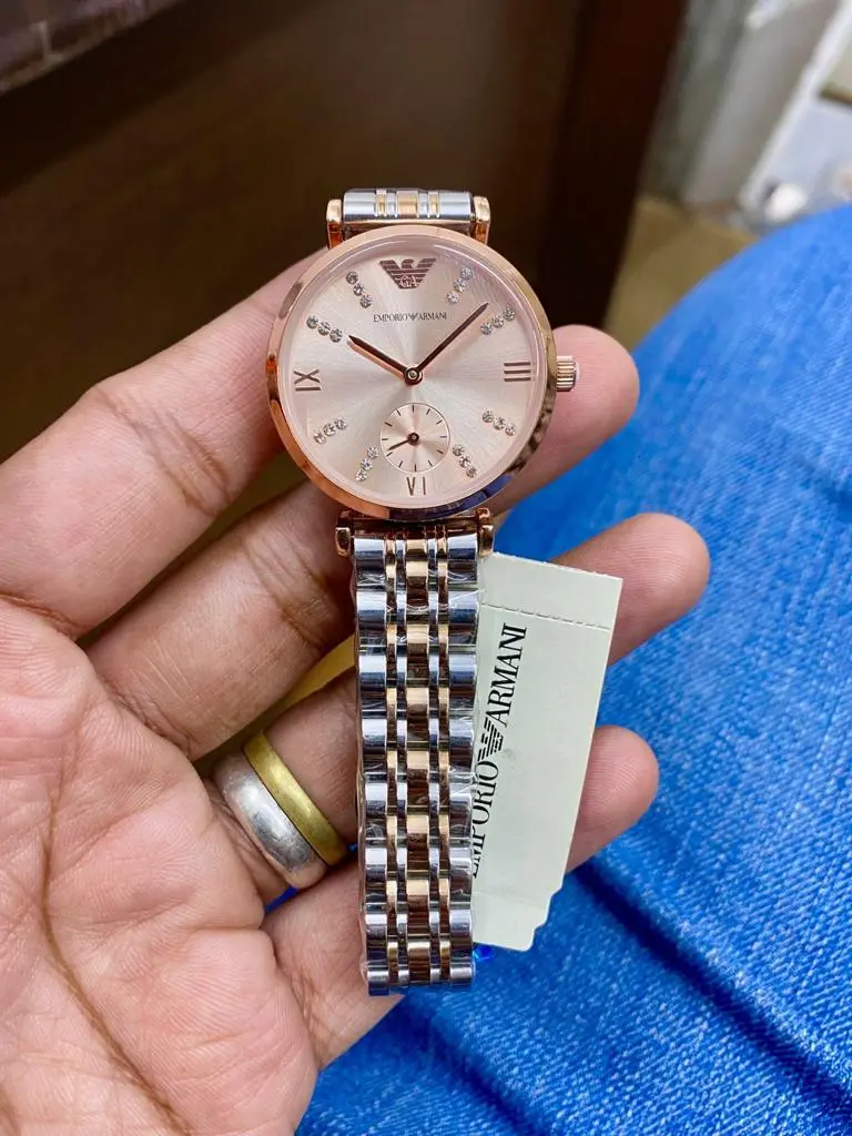 Emporio Armani Gianni T-Bar — pink dial, two-tone