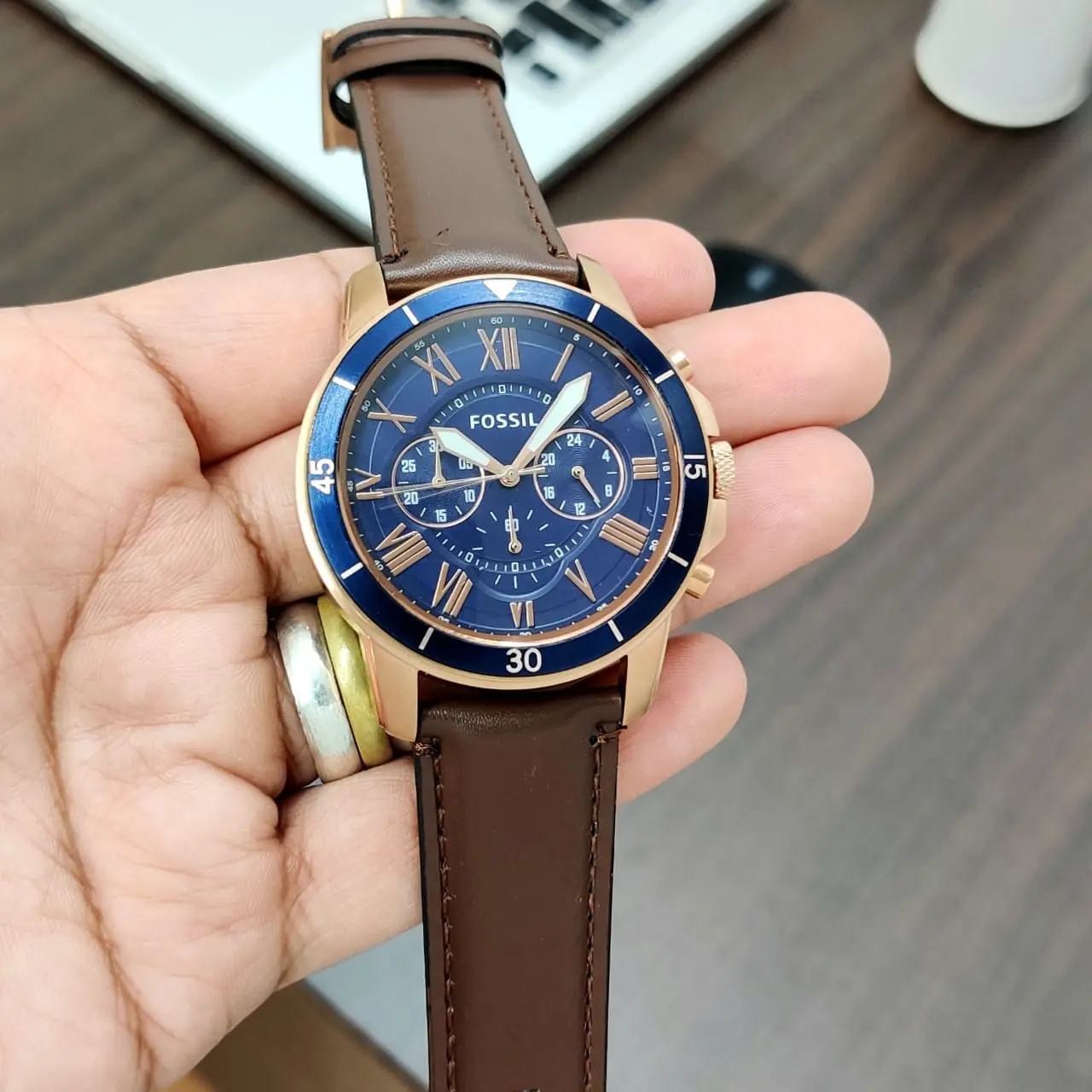 Fossil Grant Sport — blue dial, gold